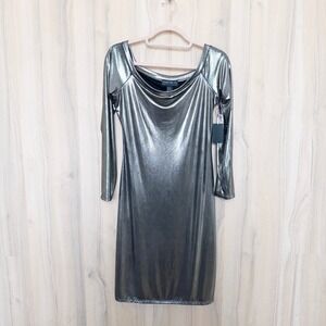 Womens Metallic Bodycon Dress 2X Silver Draped Neck Party Y2K Glam Cyber Club